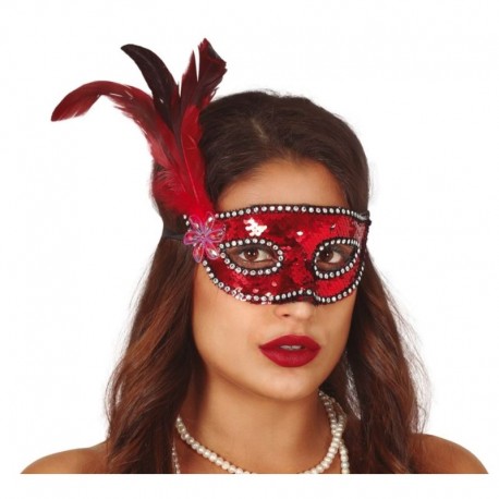 Rood Paillettenmasker met veer