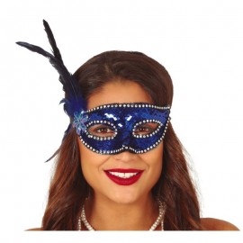 Blauw Paillettenmasker met veer