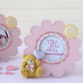 Roze bloem en teddybeer fotolijst 19 cm