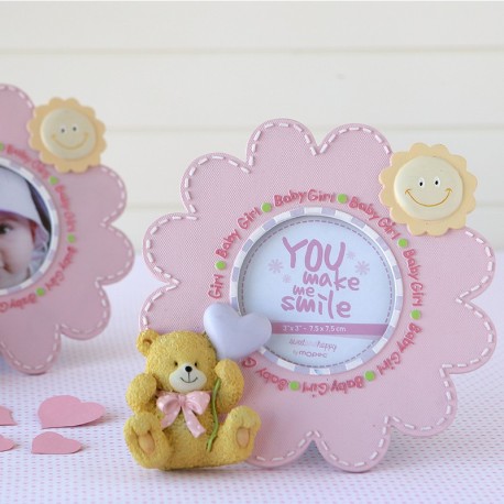 Roze bloem en teddybeer fotolijst 19 cm
