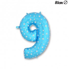 Nummer 9 Blauwe Folie Ballon met Sterren 81 cm