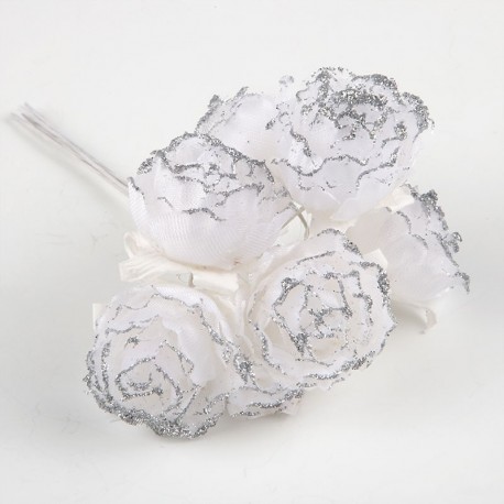 12 Witte Bloemen met Zilver Glitter