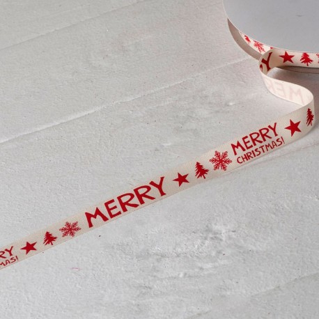 Katoenen lint Ivoor Rood Print Vrolijk Kerstfeest 15mmx50mts