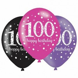 6 Happy Birthday 100 Jaar ballonnen Roze 28 cm