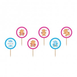 Cupcake Toppers Roze en Blauwe Beren - 6 Stuks