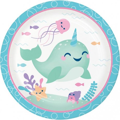 8 Platos Unicornio Ballena 23 cm