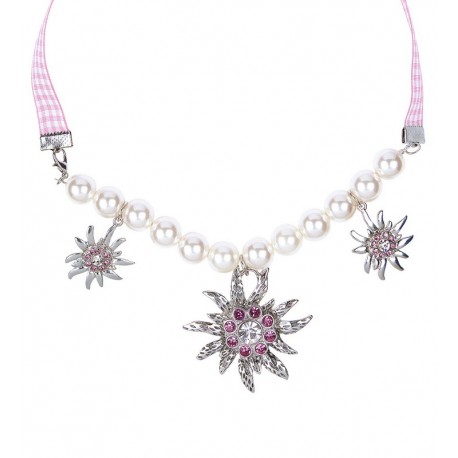 Edelweiss en Parels Ketting met Roze Bergkristal
