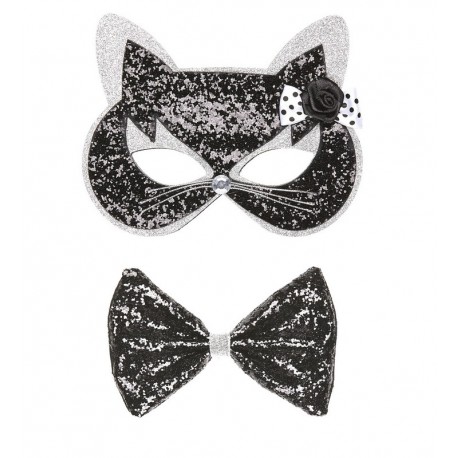 Set Kat met glitter kattenstrikje en glitter kattenmasker