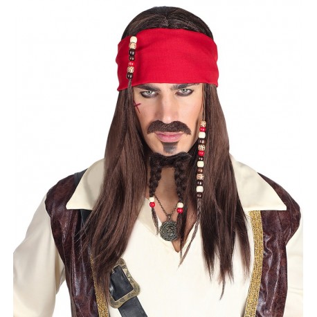 Pirate Of The Caribbean Pruik met Bandana, Snor en Sikje