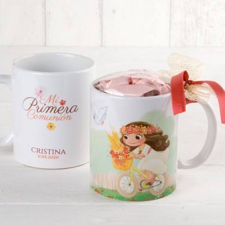 Taza Niña Comunión En Bici Con 7 Caramelos