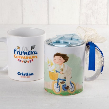 Taza Niño Comunión En Bici Con Y 7 Caramelos