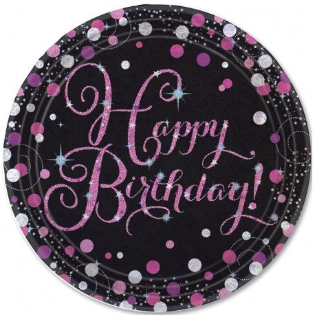 8 Platos Happy Birthday Elegant Pink 23 cm